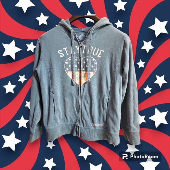 Women's Life Is Good Size M Hoodie Zip Close Blue Americana Heart Stars Stripes - Picture 1 of 7